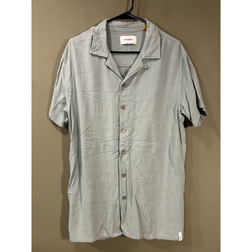Critical Slide Shirt Mens Sz M Linen Rayon Loop Collar Green Relax Short Sleeve